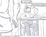 5:4 anthro canid canine clothed clothing comic dialogue duo english_text faf fafcomics female fox furniture greyscale hetty_(faf) mammal monochrome overweight sitting table text underwear
