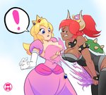 alternate_species armwear big_breasts blonde_hair breasts candy cleavage clothed clothing crossgender crown dark_body dark_skin dessert dress duo elbow_gloves exclamation_point female female/female food gloves grin gum hair handwear headgear legwear ponytail red_hair simple_background smile super_crown thigh_highs torn_clothing schpicy bowsette_meme mario_bros nintendo bowser princess_peach animal_humanoid human humanoid koopa_humanoid mammal scalie scalie_humanoid meme