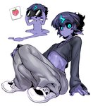 binoculars biped black_sclera bottomwear clothed clothing erection erection_under_clothing fingers footwear hair humanoid_pointy_ears male not_furry open_mouth open_smile pants pointy_ears purple_body purple_skin shoes smile solo doppel docu_(doppel) goo_creature goo_humanoid humanoid