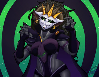 anthro armband armor black_eyeshadow black_hair black_lips black_sclera breasts chest_tuft cloak clothing crown ear_piercing evil_grin eyelashes eyeshadow female fur glowing glowing_eyes gold_(metal) gold_jewelry gradient_fur green_eyes grey_body grey_fur grin grinning_at_viewer hair head_tilt headgear horn horn_jewelry horn_ring jewelry lips long_eyelashes long_hair looking_at_viewer makeup pattern_background piercing raised_arms ring_(jewelry) sharp_teeth shoulder_pads simple_background skull_symbol smile smiling_at_viewer solo teeth tuft unconvincing_armor white_body white_fur irc_(artist) delilah_(therealnarrowjungle) bovid caprine caprine_demon demon goat goat_demon mammal absurd_res hi_res signature