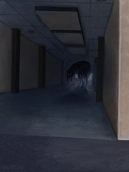 ambiguous_gender black_eyes carpet creepy dark feral hallway head_turned_sideways liminal_spaces looking_at_viewer looking_back quadruped scenery solo standing stare tile tile_ceiling quiietjay cc-by-nc creative_commons the_backrooms zooliminology_project monster scopopede_(zooliminology) 2025 3:4 absurd_res colored digital_media_(artwork) digital_painting_(artwork) english_description hi_res painting_(artwork)