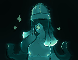 anthro breasts female glow-bi_(absolutetart) glowing glowing_eyes glowing_markings glowing_nipples hand_on_face happy looking_at_viewer markings nipples one_eye_obstructed pseudo_hair simple_background solo sparkles tentacle_arms tentacle_hair tentacles absolutetart microsoft minecraft mojang xbox_game_studios animal_humanoid aquatic aquatic_humanoid cephalopod cephalopod_humanoid coleoid decapodiform glow_squid_(minecraft) humanoid mollusk mollusk_humanoid squid squid_humanoid