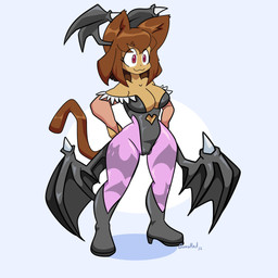 anthro big_breasts breasts brown_hair camel_toe cleavage clothed clothing cosplay crossover_cosplay female hair red_eyes smile solo gunshad capcom darkstalkers gameoverse glitch_productions kit_bodega morrigan_aensland domestic_cat felid feline felis mammal 1:1 absurd_res crossover hi_res