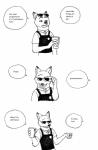 anthro bad_joke beverage clothed clothing coffee container cup disposable_cup eyewear food fur holding_container holding_cup holding_object male offscreen_character simple_background solo speech_bubble text uniform white_background bernielover disney zootopia nick_wilde canid canine fox mammal red_fox true_fox 2016 black_and_white english_text hi_res monochrome