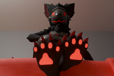 anthro armor bed bedroom biege_roof black_body black_fur black_paws chest_markings claws dipstick_tail feet foot_focus fur furniture glistening glistening_body glowing glowing_pawpads grey_armor grey_pillow grey_wall hand_on_hip happy looking_at_viewer lying machine male markings pawpads paws pillow protogen_armor protogen_face protogen_visor red_claws red_ears red_eyes red_face red_finger_claws red_pawpads red_symbol red_toe_claws soft_lighting solo tail tail_markings wall_(structure) gavinator96 gabogen_(gavinator96) protogen 2026 3:2 3d_(artwork) absurd_res blender_(artwork) digital_media_(artwork) hi_res