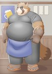 alcohol anthro apron beer belly beverage big_belly bottomwear brown_body clothing footwear kemono male overweight overweight_male pants sandals shirt shoes solo topwear puss3250 canid canine mammal raccoon_dog tanuki 2024 hi_res