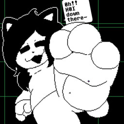 3_toes anthro dialogue eyes_closed feet female foot_focus looming_foot speech_box stuck_to_foot text toes dragotrashcan undertale undertale_(series) temmie_(undertale) tem temmie_(species) 1:1 2023 digital_media_(artwork) hi_res monochrome pixel_(artwork)