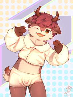 anthro biped brown_body brown_eyes brown_fur bulge clothing flaccid foreskin fur genitals hair humanoid_genitalia humanoid_penis kemono long_sleeve_shirt looking_at_viewer male one_eye_closed penis pink_hair shirt shota slim_anthro slim_male solo topwear unretracted_foreskin white_body white_clothing white_fur white_shirt white_topwear young young_anthro young_male fur_alasky deer mammal 2022 3:4