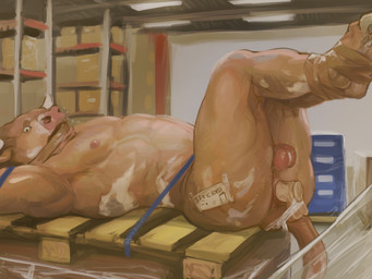 anal anal_penetration ankles_tied anthro anus arms_tied balls bdsm bent_legs bondage bound butt dildo dildo_in_ass dildo_insertion duct_tape feet fur gag gagged genitals horn inside looking_at_viewer lying male nipples nude object_in_ass on_back pallet penetration raised_hips sex_toy sex_toy_in_ass sex_toy_insertion solo sticker tail tape text orcfun bovid bovine cattle mammal 4:3 digital_media_(artwork) english_text
