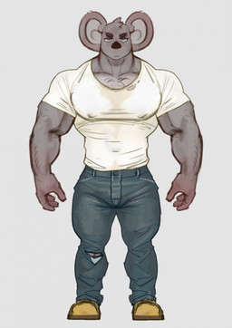 5_fingers abstract_background anthro arm_hair athletic athletic_anthro athletic_male big_ears blue_bottomwear blue_clothing blue_jeans blue_pants body_hair bottomwear clothing denim denim_bottomwear denim_clothing dirty_shirt fingers footwear jeans larger_male male mean_look muscular muscular_anthro muscular_male pants shirt shoes size_difference solo text topwear white_clothing white_shirt white_topwear yellow_clothing yellow_footwear yellow_shoes purplebirdman koala mammal marsupial vombatiform 2026 colored colored_sketch compression_artifacts digital_media_(artwork) digital_painting_(artwork) english_text full-length_portrait hi_res painting_(artwork) portrait shaded sketch