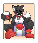 anthro balls black_body black_fur black_nose bondage_boots bondage_gear bondage_gloves bone_collar_tag chastity_cage chastity_device clean_diaper clothed clothing collar collar_tag countershading cutaway diaper fur genitals green_eyes hand_on_diaper handwear head_tuft looking_aside male one_eye_closed penis red_chastity_cage red_collar simple_background sitting sitting_on_ground solo tan_background touching_diaper tuft wearing_diaper white_body white_countershading cookiebandit daisuke_the_fox canid canine fox mammal 2024 colored hi_res
