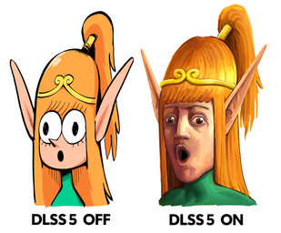:o black_eyes circlet clothing comparison crown dress eyelashes female female_humanoid green_clothing green_dress hair headgear humanoid_pointy_ears humor light light_body light_skin long_ears long_hair open_mouth orange_hair parody pointy_ears pointy_nose ponytail simple_background solo surprised tan_body tan_skin white_background merrivius dlss5_(meme) elf_comic elf_(merrivius) elf humanoid 2026 colored detailed digital_drawing_(artwork) digital_media_(artwork) english_description lighting shaded