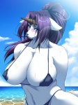 anthro areola beach big_breasts black_nipples blush breasts clothing cloud detailed_background female horn nipples outside sand seaside sky solo swimwear water 68_(artist) legend_of_mana mana_(series) square_enix sierra_(mana) canid canine canis mammal