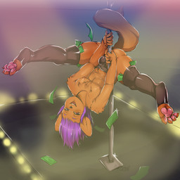 abstract_background anthro between_legs black_nose bulge chest_tuft clothed clothing crossdressing dancing detailed_bulge falling_money feet femboy footwear fur genital_outline glistening hair hindpaw holding_fixture latex legwear light male money money_in_legwear money_in_thigh_highs nipples orange_body orange_fur pawpads paws penis_outline pink_pawpads pole pole_dancing purple_hair red_eyes simple_background skimpy smile socks solo spread_legs spreading stage stockings stripper tail thigh_highs thong toeless_footwear toeless_socks topless tuft underwear upside_down milkcrown fenix_(fenix-fox) canid canine fox mammal 1:1 digital_media_(artwork) hi_res lighting