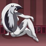 anthro black_body black_fur breasts butt female fur grey_body grey_fur hair long_hair looking_at_viewer looking_back nipples nude raised_tail red_eyes smile solo tail white_body white_fur spooner_kai helluva_boss mythology loona_(helluva_boss) canid canid_demon canine canis demon hellhound mammal mythological_canine mythological_creature wolf 1:1 absurd_res hi_res