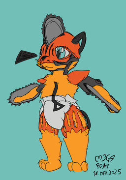 3_toes anthro armor barefoot big_eyes biped chainsaw chainsaw_arm chainsaw_horn clean_diaper clothed clothing cyan_background diaper featureless_hands feet handle handle_bar headgear helmet male power_tool pseudo_ears pull_cord simple_background solo standing text toes tools wearing_diaper white_diaper young m3g4 chainsaw_man denji_(chainsaw_man) canid canine canis demon domestic_dog mammal 2025 artist_name colored dated digital_media_(artwork) full-length_portrait hi_res portrait sketch