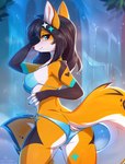 2021 absurd_res anthro bikini blue_eyes breasts butt canid clothing digital_media_(artwork) female fensu-san fingers hair hi_res looking_at_viewer mammal solo swimwear text two-piece_swimsuit url water waterfall wet wet_body