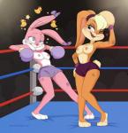 anthro babs_bunny blonde_hair blue_eyes bow_(feature) bow_accessory boxing boxing_gloves breasts bruised buckteeth butt clothed clothing crowd digital_media_(artwork) dizzy duo_focus ear_bow ear_ribbon female female/female fighting_ring fur gloves group hair handwear heart_symbol hi_res inside lagomorph leporid lola_bunny looney_tunes mammal merunyaa navel nipples one_eye_closed open_mouth open_smile orange_body orange_fur partially_clothed pink_body pink_fur pink_hair public punch_drunk rabbit raised_arm ribbons seeing_ducks smile smirk spiral_eyes sport standing teeth text third-party_edit tiny_toon_adventures tongue topless warner_brothers wink