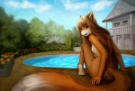 2012 anthro backyard breasts building butt canid canine casual_nudity detailed_background female flower fox green_eyes hair highrisk hindpaw house long_tail looking_at_viewer looking_back looking_back_at_viewer mammal nude outside paws plant rear_view side_boob sky smile solo swimming_pool tail water