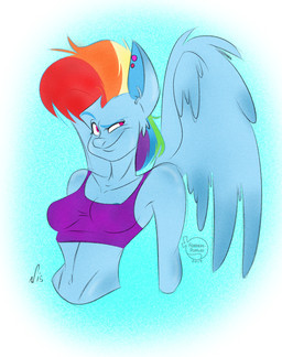 anthro anthrofied areola blue_areola blue_body blue_feathers blue_fur breasts clothing ear_piercing eyebrows feathered_wings feathers female fur hair multicolored_hair piercing pink_eyes rainbow_hair smile smirk solo topwear wings feathers-ruffled friendship_is_magic hasbro my_little_pony mythology rainbow_dash_(mlp) equid equine mammal mythological_creature mythological_equine pegasus 2015 digital_media_(artwork) hi_res