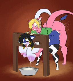 ambiguous_penetration animal_print animal_print_thigh_highs anthro areola armwear bdsm bent_over bent_over_with_legs_held_straight big_breasts big_butt black_hair blonde_hair blush bodily_fluids bondage bound breast_grab breast_milking breasts bucket butt clothing container cow_print cow_print_legwear cow_print_thigh_highs curvy_figure elbow_gloves female female_penetrated footwear from_behind_position gem_on_chest gloves green_clothing green_shirt green_topwear hair hand_on_breast handwear horn huge_breasts lactating legwear male male/female male_penetrating male_penetrating_female milk milk_bucket milk_container moan motion_lines mounting nipples pattern_clothing pattern_legwear pattern_thigh_highs penetration restraints sex shirt socks stocks thick_thighs thigh_highs thigh_socks tongue tongue_out topwear voluptuous kaboozle mythology swissy terru dragon mythological_creature mythological_scalie scalie hi_res