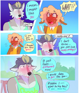 anthro beverage blue_eyes blush blush_lines bodily_fluids clothed clothing container cup dialogue dress duo femboy green_clothing green_shirt green_topwear highlights_(coloring) male nervous nervous_smile nervous_sweat shirt shocked sitting smile solo speech_bubble sweat tank_top text text_box topwear yellow_clothing yellow_dress heresvix dani_(heresvix) henri_(heresvix) bovid canid canine canis caprine mammal sheep wolf 2025 comic english_text hi_res