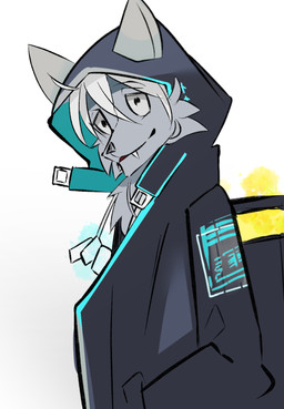 backpack clothed clothing fangs fur grey_body grey_fur hair jewelry looking_at_viewer male necklace simple_background solo teeth white_background white_hair cxdotchison canid canine canis mammal character_request hi_res