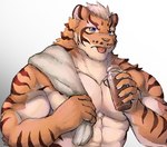 5_fingers after_shower anthro blue_eyes clothed clothing drinking_milk fingers fur holding_object holding_towel looking_at_viewer male muscular muscular_anthro muscular_male pecs simple_background solo striped_body striped_fur stripes tongue tongue_out topless towel white_background bbrt534 nekojishi studio_klondike lin_hu felid mammal pantherine tiger absurd_res hi_res