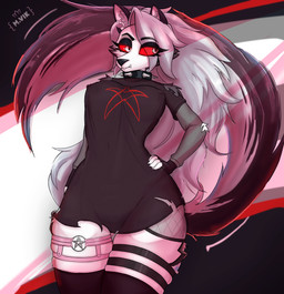 anthro areola arm_tuft barbell_piercing big_tail black_eyeshadow clothing collar eyelashes eyeshadow facial_tuft female fur glistening_eyelids gloves hair hand_on_hip handwear inner_ear_fluff legwear long_eyelashes makeup nipple_dip nipple_outline nipple_piercing nipples piercing piercing_outline pink_hair red_eyes shirt shoulder_tuft solo spiked_collar spikes stockings t-shirt tail thick_thighs topwear tuft white_body white_fur mvikt hellaverse helluva_boss mythology loona_(helluva_boss) canid canid_demon canine demon hellhound mammal mythological_canine mythological_creature hi_res