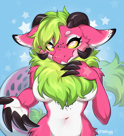 anthro belly blue_background breasts cheek_tuft facial_tuft female freckled_belly freckled_ears freckled_face freckles fur green_hair hair hip_tuft horn looking_at_viewer multicolored_body multicolored_fur navel neck_tuft nude nude_anthro pink_body pink_fur pupils simple_background solo star symbol-shaped_pupils tail tuft under_boob unusual_pupils white_body white_fur yellow_eyes crydogg furred_kobold furred_scalie kobold scalie hi_res