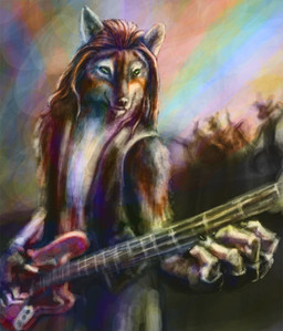 5_fingers anthro bass_guitar black_clothing black_nose black_topwear black_vest bottomless brown_body brown_fur brown_hair clothed clothing fingerless_gloves fingers fur gloves green_eyes guitar hair handwear iridescent long_hair male musical_instrument plucked_string_instrument rockstar solo string_instrument topwear topwear_only vest vest_only white_body white_fur ilayas canid canine canis mammal wolf 2011 adobe_photoshop_(artwork) digital_media_(artwork)
