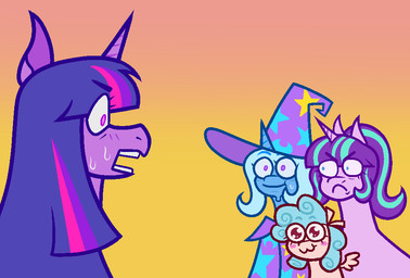 angry bodily_fluids female feral group horn nervous open_mouth simple_background sweat sweatdrop wings dapper_lil_arts friendship_is_magic hasbro my_little_pony mythology cozy_glow_(mlp) starlight_glimmer_(mlp) trixie_(mlp) twilight_sparkle_(mlp) equid equine mammal mythological_creature mythological_equine pegasus unicorn