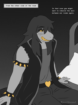 anthro bed blush blush_lines clothed clothing dialogue female furniture grin on_bed pillow simple_background sitting sitting_on_bed smile solo teeth text text_box voyeur yellow_sclera yellow_teeth peachboysmut deltarune undertale_(series) susie_(deltarune) reptile scalie 2026 absurd_res comic english_text greyscale hi_res monochrome