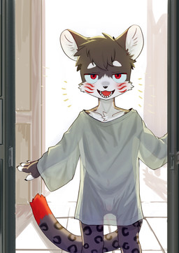 anthro backlighting black_nose bottomless bottomless_anthro bottomless_male clothed clothing doorway fur genitals grey_body grey_fur inside kemono light male markings penis red_markings shirt shirt_only solo spots spotted_body spotted_fur tail topwear topwear_only translucent translucent_clothing white_body white_fur young young_anthro young_male ikiyok felid mammal pantherine snow_leopard hi_res lighting