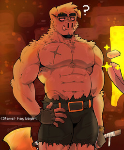 abs anthro bottomwear clothing fangs fur male muscular muscular_anthro muscular_male pants pecs teeth makota_toh miauarf microsoft minecraft mojang xbox_game_studios mammal piglin suine absurd_res hi_res