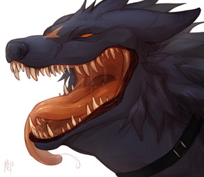 anthro black_body black_fur bodily_fluids collar dripping fangs fangs_bared fluffy fur long_tongue looking_at_viewer male markings mouth_focus mouth_shot open_mouth orange_eyes orange_markings orange_mouth orange_tongue saliva saliva_drip saliva_on_tongue saliva_string sharp_teeth solo teeth tongue belo inxir alligator alligatorid canid canine crocodilian fox hybrid mammal reptile scalie absurd_res colored digital_drawing_(artwork) digital_media_(artwork) hi_res sketch