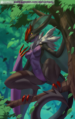 anthro anthrofied branch breasts claws crouching day detailed_background eyelashes falling_leaves featureless_crotch female forest forest_background in_tree nature nature_background navel neck_tuft non-mammal_breasts on_branch outside plant pokemorph purple_eyes solo spread_legs spreading tail tree tuft wing_claws wings alanscampos european_mythology mythology nintendo pokemon dragon generation_6_pokemon mythological_creature mythological_scalie noivern pokemon_(species) scalie western_dragon wyvern 2018 digital_media_(artwork) full-length_portrait hi_res portrait