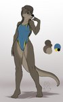 anthro black_nose breasts brown_eyes brown_hair clothing collarbone color_swatch eyebrows eyelashes feet female hair humanoid_feet long_hair one-piece_swimsuit plantigrade small_breasts solo standing swimwear mykegreywolf nat_(mykegreywolf) mammal mustelid otter 2018 hi_res model_sheet