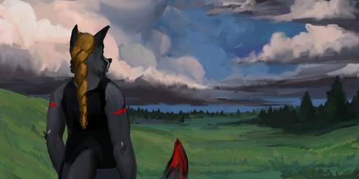 anthro braided_hair braided_ponytail clothing evergreen_tree field grass_field hair male pine_tree plant ponytail shirt sky skyscape solo tank_top topwear tree peyzunlimited brian_hart canid canine canis mammal wolf
