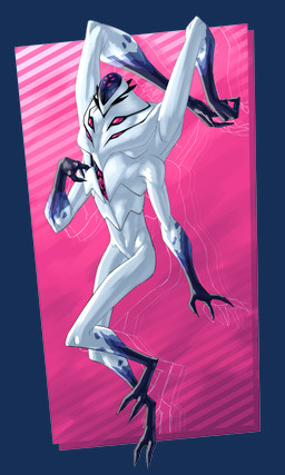 2_toes 3_fingers 4_arms 9_eyes alien_anatomy ambiguous_gender arms_above_head blue_markings claws digitigrade feet fingers light markings multi_arm multi_eye multi_limb pink_background pink_eyes simple_background solo spikes spikes_(anatomy) toes unusual_anatomy unusual_eyes white_body lumen_fox ben_10 cartoon_network fan_character alien highbreed humanoid 3:5 absurd_res alpha_channel hi_res lighting shaded signature
