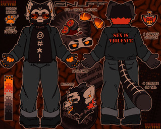 anthro aviator_glasses black_body black_fur black_sclera boots bottomwear buzz_cut clothed clothing color_swatch combat_boots declawed denim denim_bottomwear denim_clothing denim_jacket denim_topwear eyewear fluffy_ears footwear fully_clothed fur glasses hair heart_pawpads information jacket jeans male markings measurements multicolored_body multicolored_eyes multicolored_fur multicolored_hair multiple_angles neck_scar open_mouth orange_eyes orange_markings orange_tongue pants pawpads red_markings shirt shoes skeleton_(marking) skull_(marking) slightly_chubby solo t-shirt text text_on_clothing tongue topwear white_markings snuff_b8 snuff_(snuff_b8) domestic_cat felid feline felis mammal character_name english_text model_sheet nonbinary_(lore) trans_(lore) trans_man_(lore)