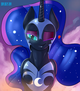 armor black_body black_feathers blue_eyes blue_hair cloud eyeshadow feathered_wings feathers female feral hair headgear heart_symbol helmet horn looking_at_viewer makeup moon one_eye_closed outside pupils sky slit_pupils solo sparkles sunset wings wink skyart301 friendship_is_magic hasbro my_little_pony mythology nightmare_moon_(mlp) equid equine mammal mythological_creature mythological_equine winged_unicorn 2014 hi_res