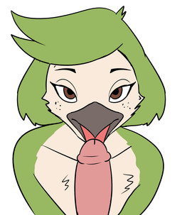 anthro beak brown_eyes duo eyelashes feathers female freckled_face freckles genitals green_hair hair long_eyelashes nude penis tongue tongue_out white_body white_feathers kingdorkster pinni_farina_(posspowered) apodiform avian bird hummingbird absurd_res hi_res