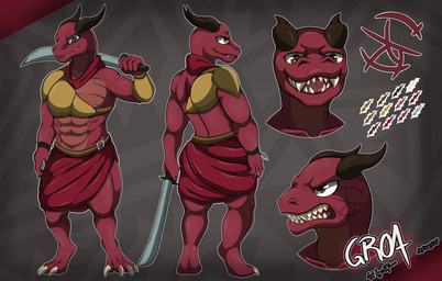 anthro brown_eyes clothed clothing horn male melee_weapon muscular muscular_male rear_view red_body solo sword teeth weapon zak_hitsuji mythology dragon mythological_creature mythological_scalie scalie absurd_res hi_res model_sheet