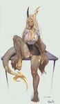 anthro big_breasts bottomless bottomwear breasts clothed clothing dress_shirt female flashing genitals gold_scales hair long_hair looking_at_viewer presenting presenting_pussy pussy shirt sitting_on_desk skirt solo tail topwear upskirt temils mythology olivia_(slaya4900) dragon mythological_creature mythological_scalie scalie hi_res