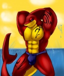 abs anthro athletic biceps big_muscles biped blue_eyes bulge clothed clothing cloud fin flexing grin hands_behind_head looking_at_viewer male muscular muscular_anthro muscular_male outside pecs red_body red_skin sea sky smile solo standing swimwear tattoo topless water yellow_body yellow_skin dynosaur fish marine shark 2013