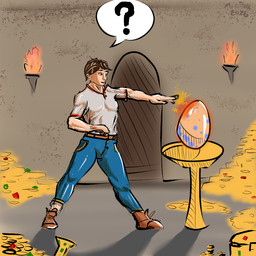 artifact clothed clothed_human clothed_male clothing dungeon egg human_only male not_furry pedestal pile_of_gold question_mark simple_background solo torch melliflox human mammal 1:1 story story_in_description