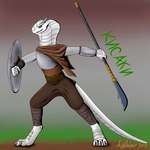 anthro armor bandage bandaged_arm bandaged_leg bottomwear bound_leg claws cloak clothing grass green_eyes long_tail male melee_weapon naginata pants plant polearm scales shield simple_background solo tail weapon white_body white_scales aydaharart blizzard_entertainment warcraft kisak(aydaharart) reptile scalie sethrak snake absurd_res hi_res