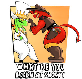 anthro boots clothing cowboy_hat duo footwear green_body hat headgear headwear humor leotard male red_eyes shoes shortstack shortstack_male suit text top_hat yellow_sclera nastyfr kings_of_hell gremile_'hotshot' mammon_(kings_of_hell) demon goblin imp english_text hi_res