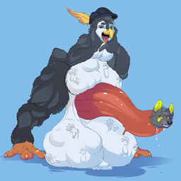 abdominal_bulge ambiguous_gender anthro balls balls_expansion balls_on_ground big_balls big_penis blue_background bodily_fluids body_in_urethra clenched_teeth clothing cock_vore expansion eyebrows feathers feet_first genital_expansion genital_fluids genitals group hat headgear headwear huge_balls huge_penis hyper hyper_balls hyper_genitalia hyper_penis imprint inside_balls looking_at_another looking_at_partner looking_at_viewer macro_pred male male/ambiguous male/male male_pred multiple_prey muscular muscular_male narrowed_eyes open_mouth oral_vore penile penis precum raised_eyebrow short_tail simple_background size_difference spread_legs spreading struggling struggling_prey tail teeth tongue tongue_out vore yellow_eyes aizenman dove_the_penguin softdiamond avian bird canid canine canis mammal penguin wolf 1:1 absurd_res hi_res